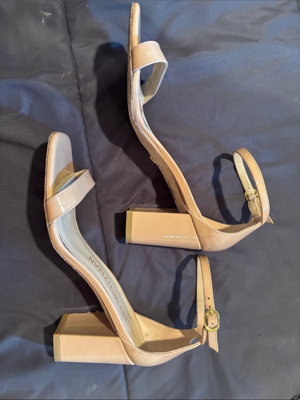 Stuart Weitzman Nearlynude Block Heel Sandal Adobe Patent Leather Size 8 - Picture 5 of 8